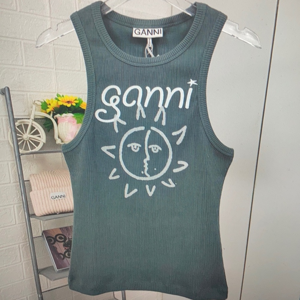 Ganni Green Sleeveless Tee with White Sun Design